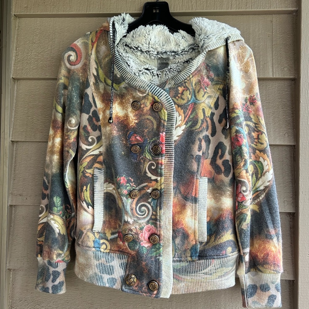 Alberto Malala sweater jacket hooded soft fluffy lining.glitter trim Sz M